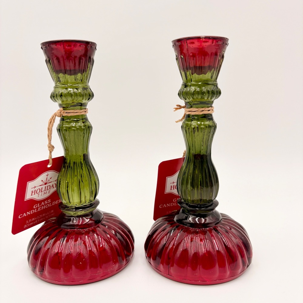 Holiday Time Red and Green Ribbed Glass Taper Candle Holder Set of 2 NEW